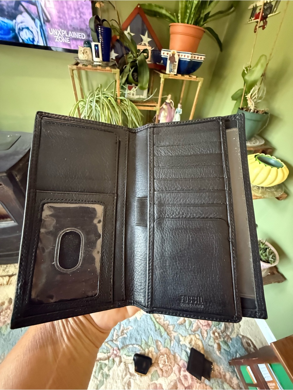 Vintage Fossil Black Leather Bifold Checkbook Wallet